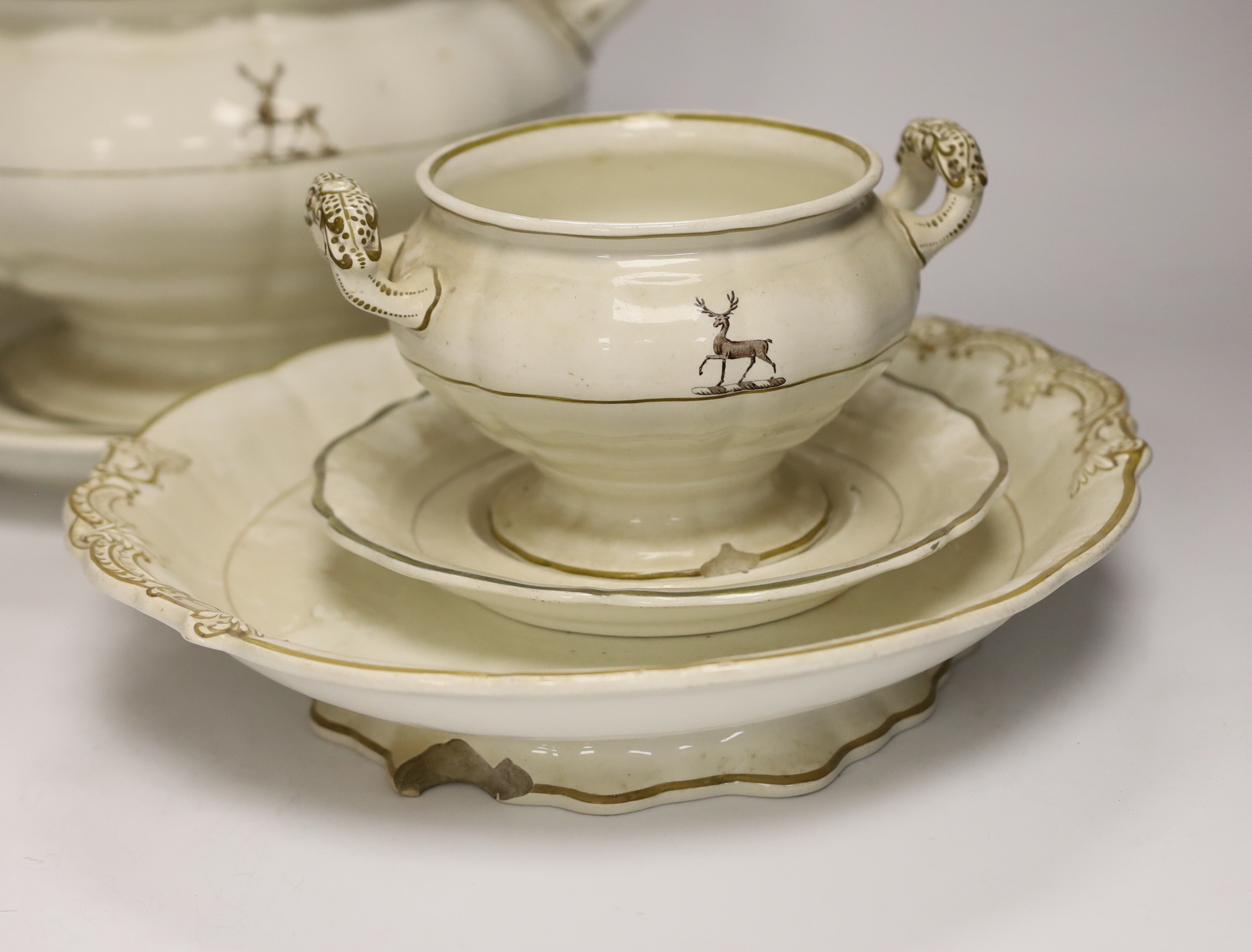 Copeland late Spode crested part dinner set comprising tureen and stand, bowl and stand and two circular dishes, largest 32cm in diameter